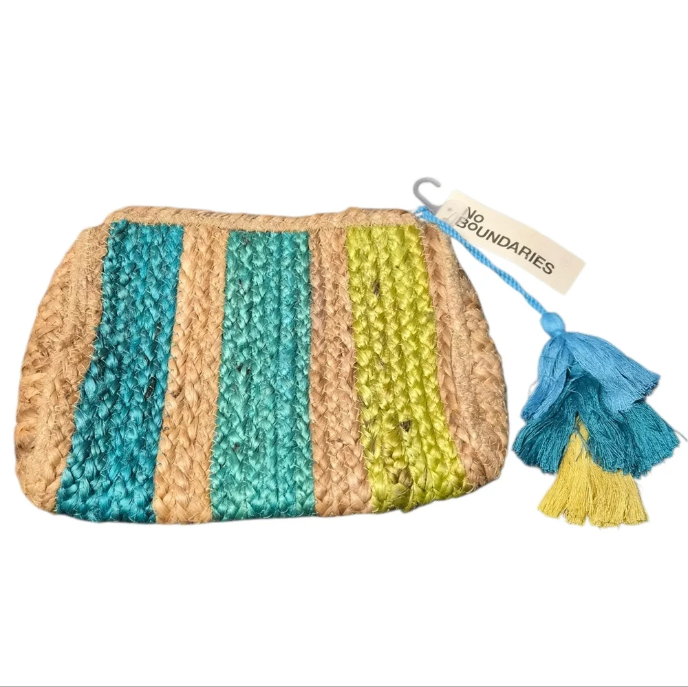 No Boundaries Woven Straw Cosmetic Pouch Teal Green